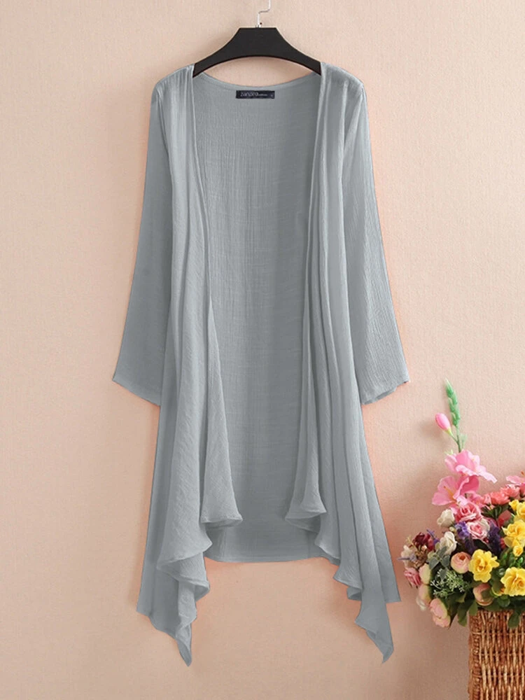 Solid Color Long Sleeve Asymmetrical Loose Kimono For Women 2 Solid Color Long Sleeve Asymmetrical Loose Kimono For Women - Image 2