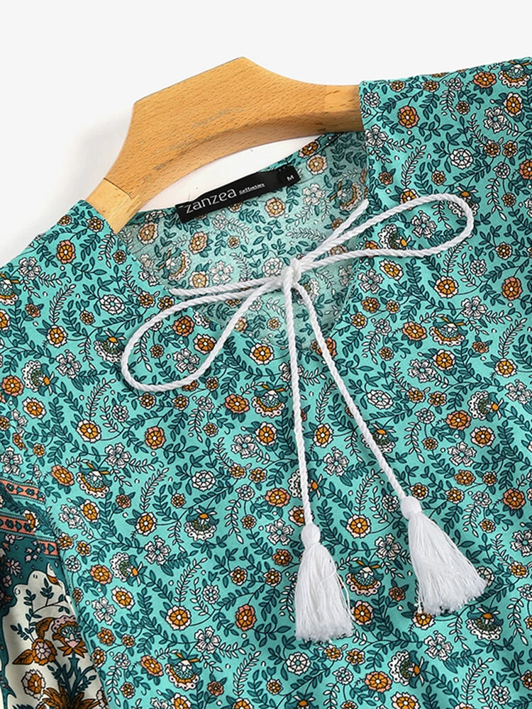 Women Ditsy Floral Print V-Neck Tie Bohemian Half Sleeve Dress 6 Women Ditsy Floral Print V-Neck Tie Bohemian Half Sleeve Dress - Image 6