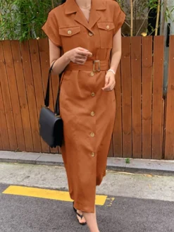 Solid Pocket Lapel Short Sleeve Button Front Dress With Belt -Zanzea Shop 1d834b9c 87e8 4ffa 8969 5971759ff733