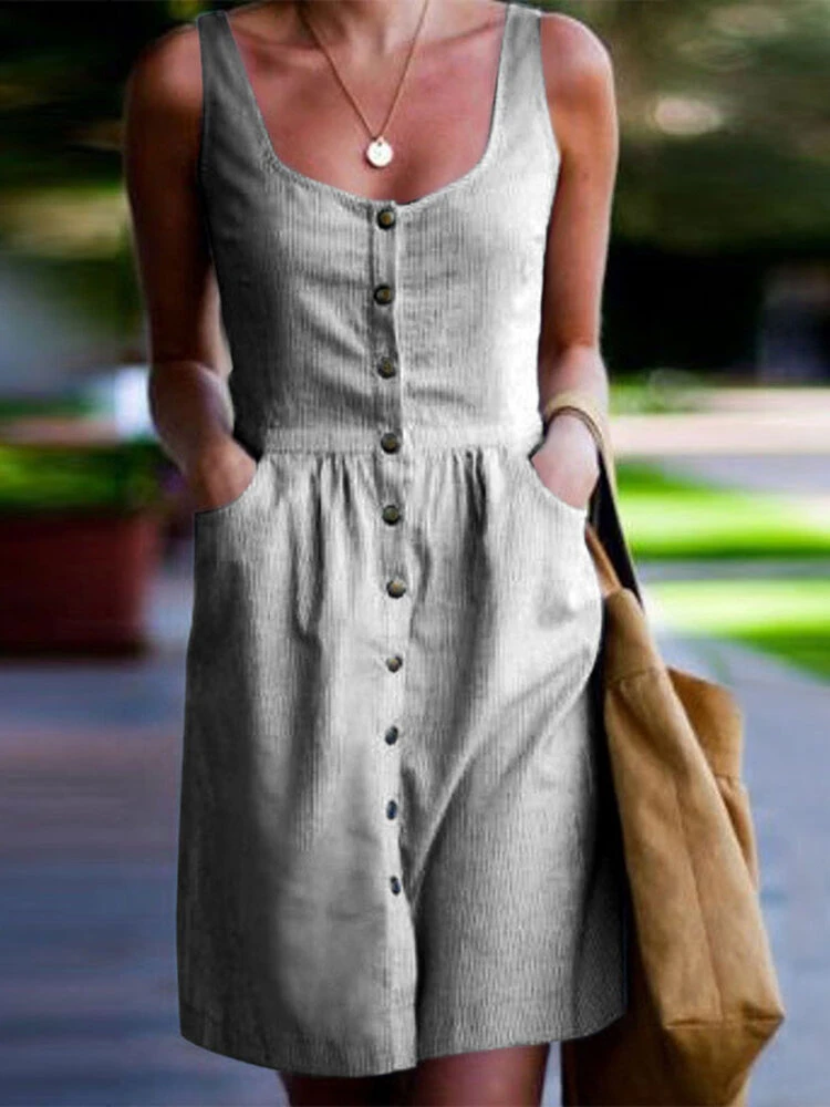 Stripe Button Pocket Sleeveless Casual Midi Dress 2 Stripe Button Pocket Sleeveless Casual Midi Dress - Image 2