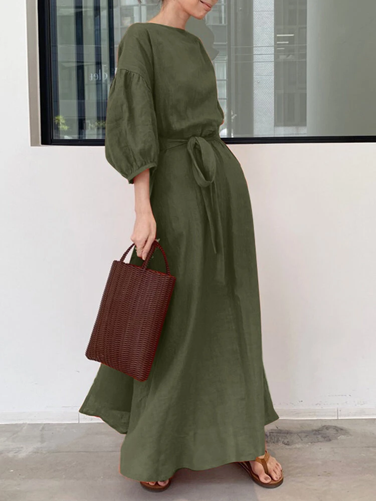 Solid Puff Sleeve Pocket Tie Crew Neck Maxi Vintage Dress 6 Solid Puff Sleeve Pocket Tie Crew Neck Maxi Vintage Dress - Image 6