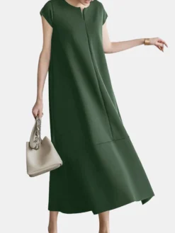 Women Solid Short Sleeve Casual Crew Neck Dress