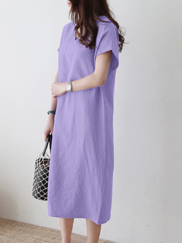 Solid V-neck Short Sleeve Dress For Women 2 Solid V-neck Short Sleeve Dress For Women - Image 2