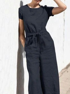 Solid Color Short Sleeve O-neck Cotton Wide Leg Jumpsuit -Zanzea Shop 1e1c59a1 9d1d 413c ad8c 20d6444cad89