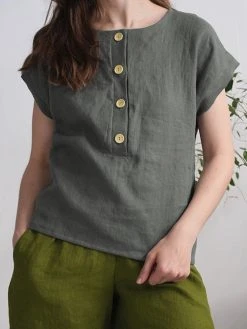 Solid Button Short Sleeve Crew Neck Casual Blouse -Zanzea Shop 1e769fac b1f7 43ec ae8b 2387c20b47a8