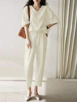 Women Solid Half V-neck Pocket Two Pieces Suit -Zanzea Shop 1e846a0d 6342 4c73 ad29 a2f94cf18b35