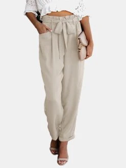 Solid Pocket Elastic Waist Carrot Pants With Belt