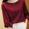 Satin Solid Crew Neck 3/4 Sleeve Women Blouse