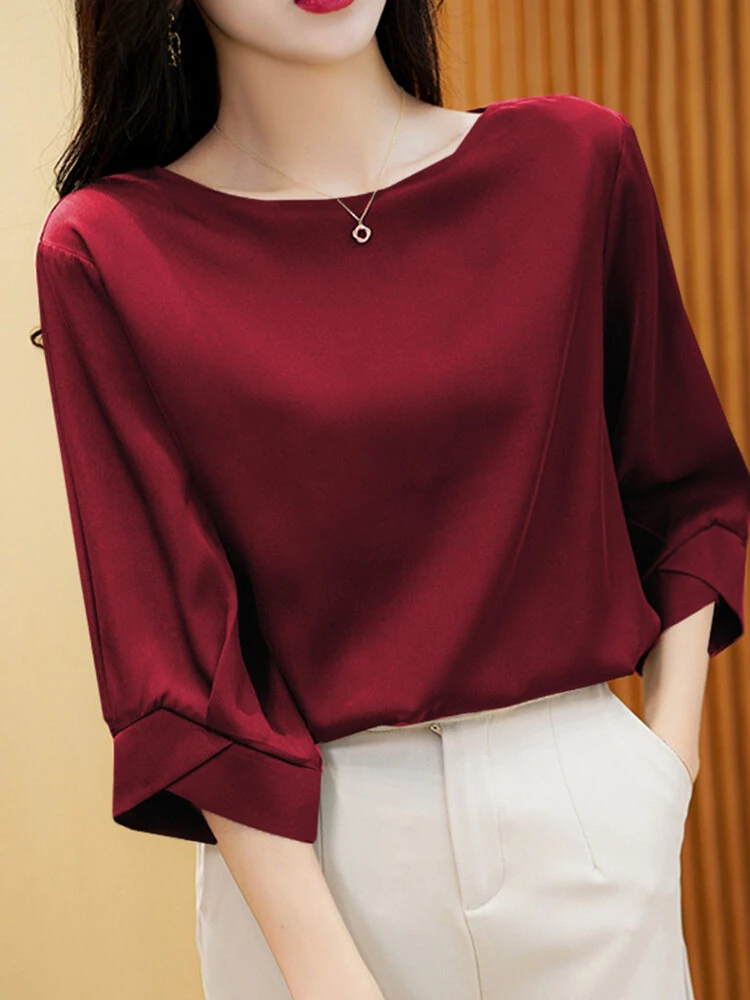 Satin Solid Crew Neck 3/4 Sleeve Women Blouse 1 Satin Solid Crew Neck 3/4 Sleeve Women Blouse