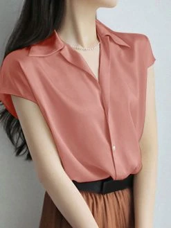 Solid Satin Button Lapel Short Sleeve Women Shirt -Zanzea Shop 1ef9cb1b ef9c 4f5c 8a02 ed7b56154727