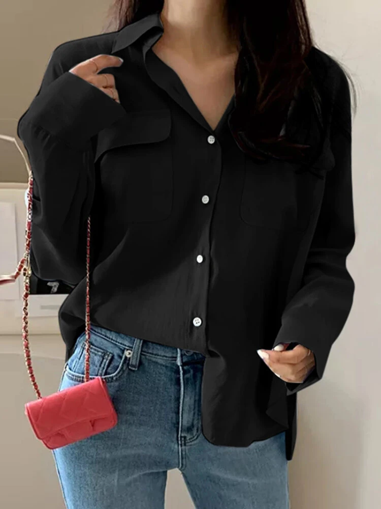 Solid Button Lapel Pocket Long Sleeve Shirt 8 Solid Button Lapel Pocket Long Sleeve Shirt - Image 8