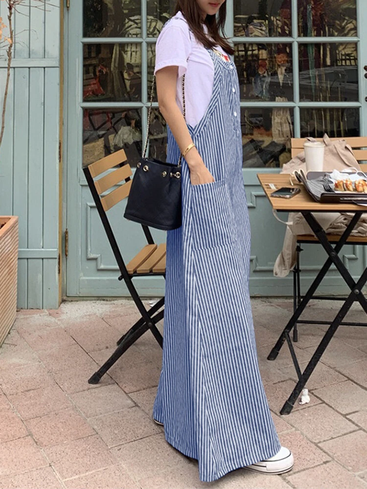 Women Stripe Print Pocket Strap Wide Leg Jumpsuit 3 Women Stripe Print Pocket Strap Wide Leg Jumpsuit - Image 3