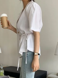 Solid Button Tie-Up Lapel Short Sleeve Casual Cotton Blouse -Zanzea Shop 1f7a21b1 4d97 4f82 8023 284372bf3456