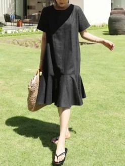 Solid Ruffle Short Sleeve Round Neck Casual Cotton Midi Dress -Zanzea Shop 1f7ddee8 48b4 48b6 a197 a11047e31450