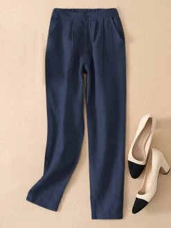 Solid Pocket Elastic Waist Casual Pants For Women