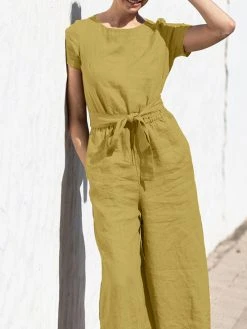Solid Color Short Sleeve O-neck Cotton Wide Leg Jumpsuit -Zanzea Shop 1fe8465c 1ce6 4919 8613 8db79db21dc2