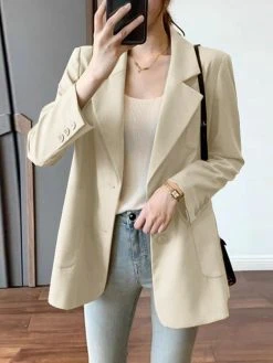 Solid Pocket Button Lapel Long Sleeve Blazer For Women