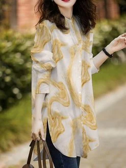 Marble Pattern Slit Hem Loose Button Front Blouse -Zanzea Shop 201c2bd0 d1a1 4ff3 ae3e 1a230f0333fd