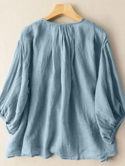 Women Solid Pleated Crew Neck Button Design Puff Sleeve Blouse -Zanzea Shop 20247e32 9110 4fd7 8464 191c39a24b53