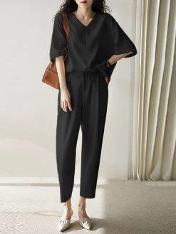Women Solid Half V-neck Pocket Two Pieces Suit -Zanzea Shop 203acedb bcc4 4221 8d9f 98fb836e5d9e
