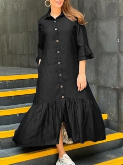 Ruffle Sleeve Pocket Lapel Button Front Casual Shirt Dress -Zanzea Shop 206765fc 1740 4d5f a427 d5b3e68aa0b3