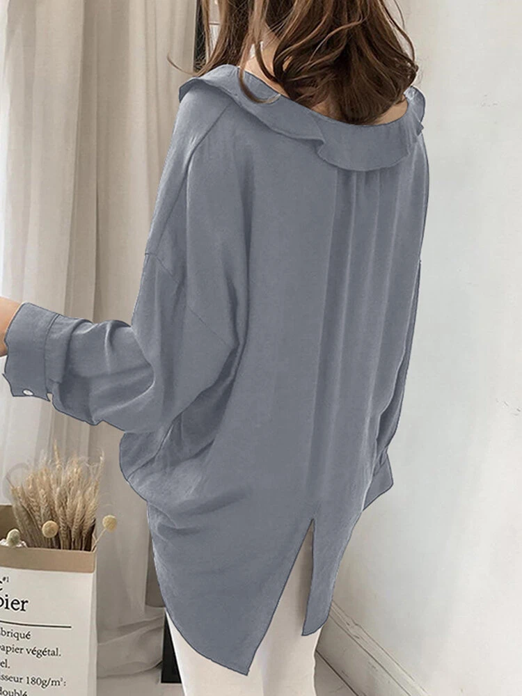 Solid Ruffle Loose Slit Long Sleeve Casual Women Blouse 4 Solid Ruffle Loose Slit Long Sleeve Casual Women Blouse - Image 4