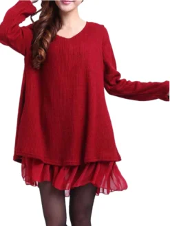 Casual Chiffon Patchwork Back Bow Double Layer Flared Blouse