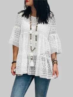 Lace Crochet Ruffle Half Sleeve Plus Size Blouse