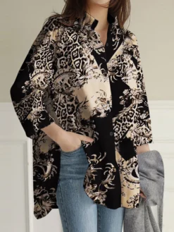 Leopard Button Split Long Sleeve V Neck Blouse