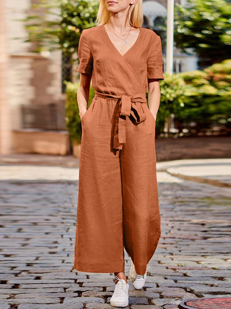 Solid Sash Pocket V Neck Casual Jumpsuit 3 Solid Sash Pocket V Neck Casual Jumpsuit - Image 3
