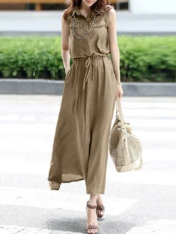 Solid Pocket Sleeveless Drawstring Waist Lapel Dress -Zanzea Shop 20be9594 34a0 4606 96ef 6e82d92c328e