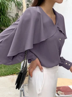 Ruffle Solid Long Sleeve V-neck Button Front Blouse -Zanzea Shop 21251c3c 0df7 455f 89a2 3214a7efe42c