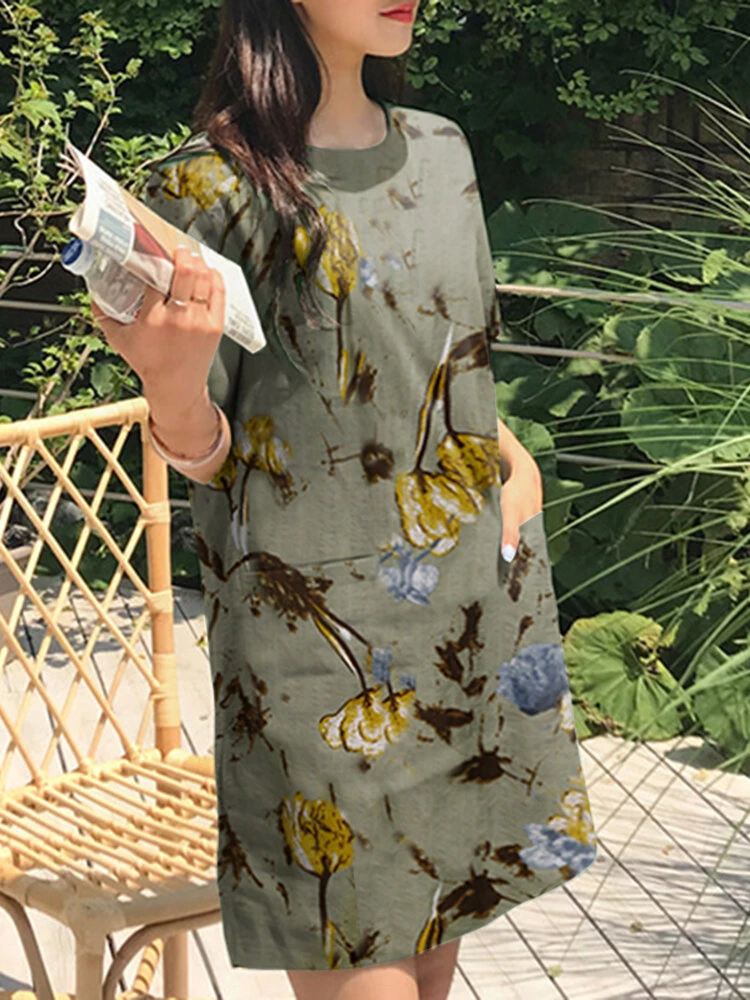 Flower Print Short Sleeve Pocket Crew Neck Vintage Dress 4 Flower Print Short Sleeve Pocket Crew Neck Vintage Dress - Image 4