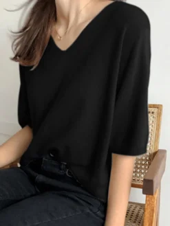 Casual Solid Knit Half Sleeve V-neck Casual T-shirt -Zanzea Shop 21718686 6825 40d0 8040 989f353777b4