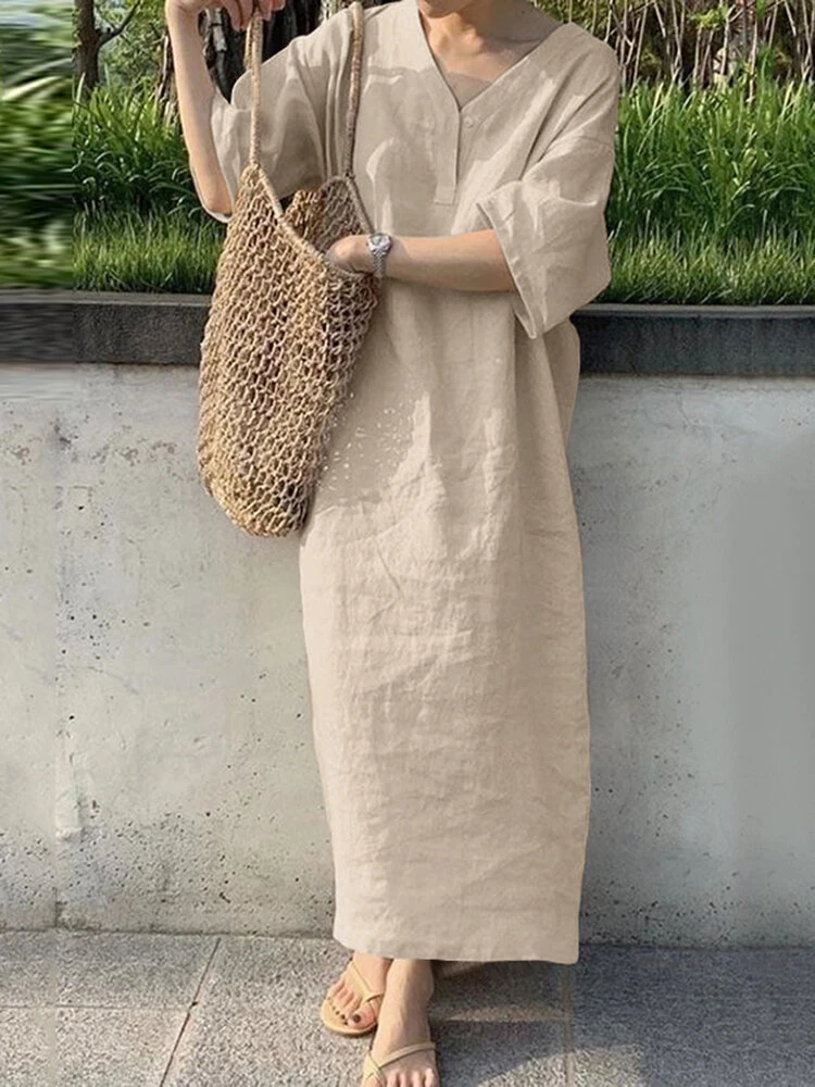 Solid V-neck Loose 3/4 Sleeve Vintage Dress 2 Solid V-neck Loose 3/4 Sleeve Vintage Dress - Image 2