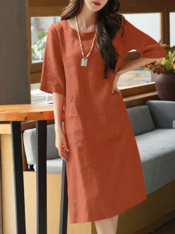 Solid Dual Pocket Half Sleeve Crew Neck Midi Dress -Zanzea Shop 2188f055 0406 4b1f b917 0f7583abd563
