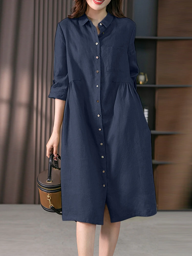 Solid Long Sleeve Pocket Button Vintage Shirt Dress 8 Solid Long Sleeve Pocket Button Vintage Shirt Dress - Image 8