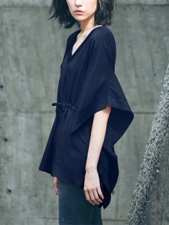 Solid Loose Drawstring Waist V-neck Dolman Sleeve Blouse -Zanzea Shop 21dc2403 a9a2 464b b3b5 df515e663c7f