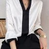 Contrast Satin Long Sleeve V-neck Blouse For Women