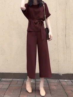 Solid Belt Pocket Rolled Sleeve Wide Leg Two Pieces Suit -Zanzea Shop 221829e3 56cd 4b5c 91b8 c6209302bbf1