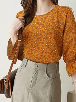 Random Allover Print Crew Neck 3/4 Sleeve Casual Blouse -Zanzea Shop 221f117c 69a1 4eab 994b 7e120e45f74c
