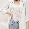 Solid Lapel Slit Hem Back Long Sleeve Blazer For Women