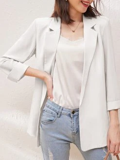 Solid Lapel Slit Hem Back Long Sleeve Blazer For Women