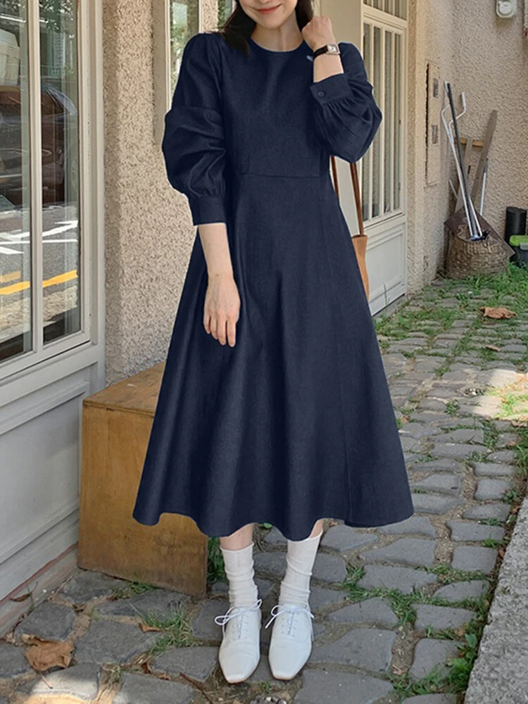 Solid Long Sleeve Casual A-line Denim Dress 5 Solid Long Sleeve Casual A-line Denim Dress - Image 5