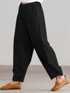 Women Solid Pleated Cotton Casual Elastic Waist Pants -Zanzea Shop 22558292 af35 40e7 b0a4 460785d8c5c5