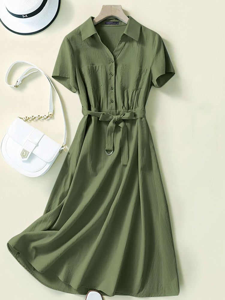 Solid Pocket Button Lapel Short Sleeve Shirt Dress With Belt 7 Solid Pocket Button Lapel Short Sleeve Shirt Dress With Belt - Image 7