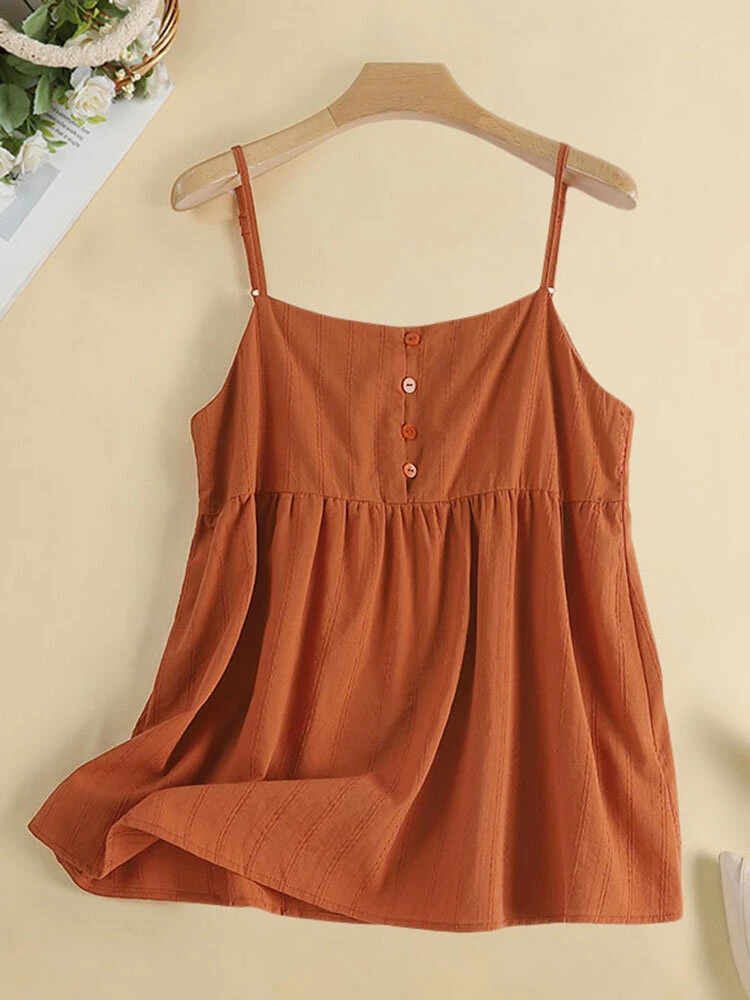 Women Solid Button Detail Cotton Casual Spaghetti Strap Cami 1 Women Solid Button Detail Cotton Casual Spaghetti Strap Cami
