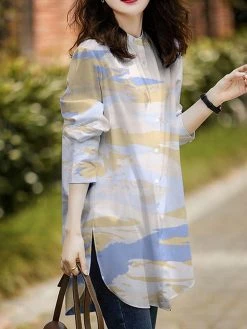 Tie Dye Loose Slit Hem Button Front Stand Collar Blouse -Zanzea Shop 22bb6464 a237 489c 81e6 65b4059d9072