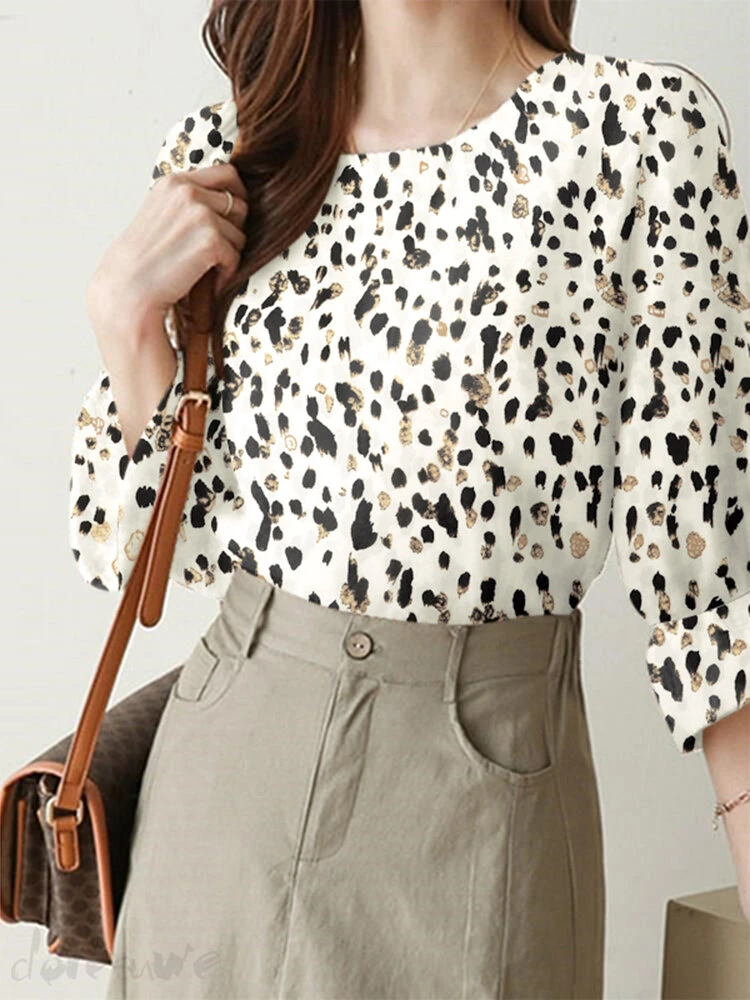 Random Allover Print Crew Neck Casual 3/4 Sleeve Blouse 1 Random Allover Print Crew Neck Casual 3/4 Sleeve Blouse