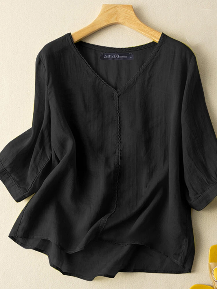 Women Lace Trim V-Neck Cotton Plain 3/4 Sleeve Blouse 7 Women Lace Trim V-Neck Cotton Plain 3/4 Sleeve Blouse - Image 7